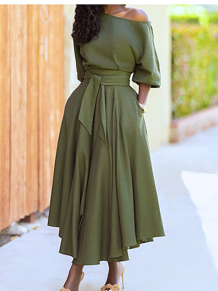 Diagonal Collar Boho Lace Up Maxi Dress