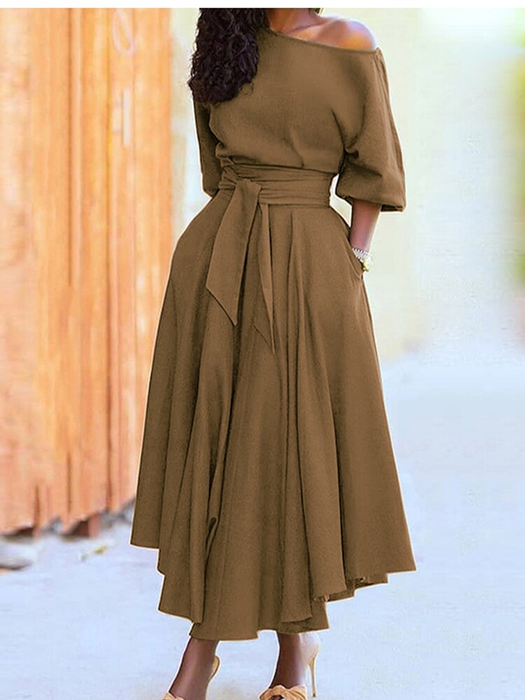 Diagonal Collar Boho Lace Up Maxi Dress