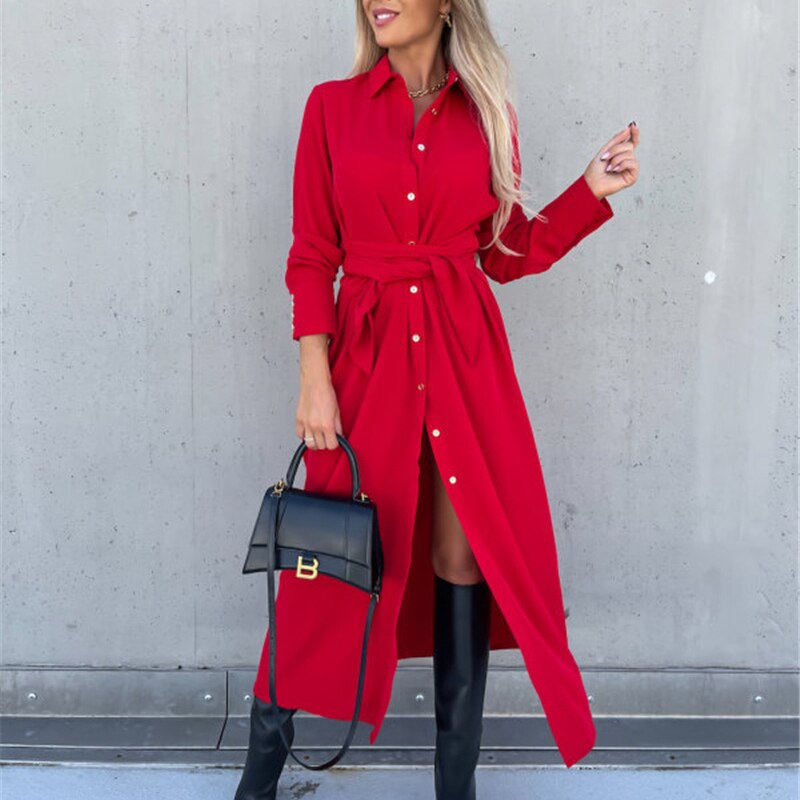 Lace Up Collared Long Sleeve Maxi Dress