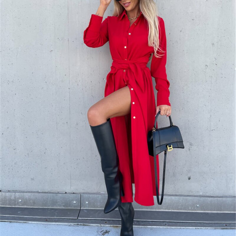 Lace Up Collared Long Sleeve Maxi Dress