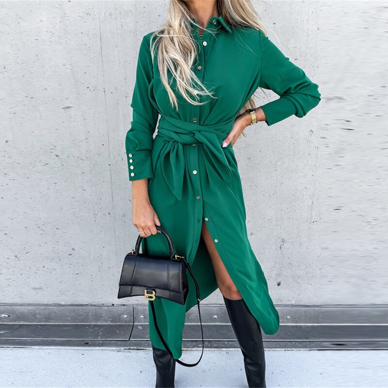 Lace Up Collared Long Sleeve Maxi Dress
