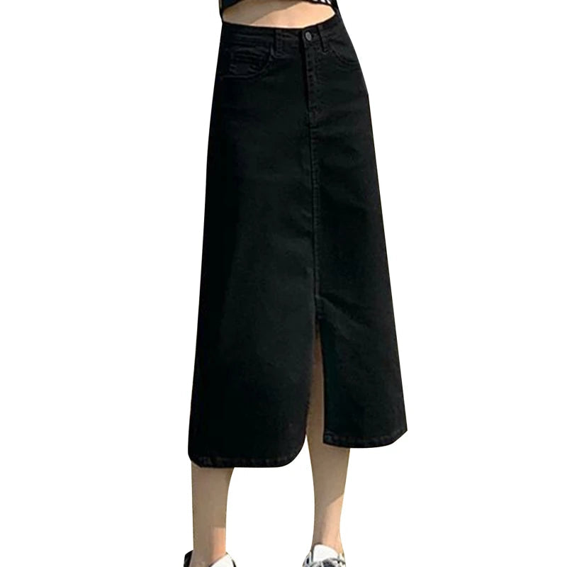 Korean Solid Denim High Waist Long Midi Skirt