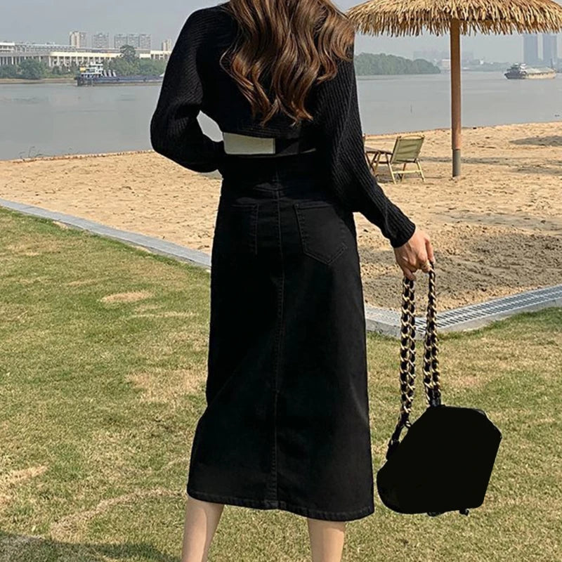 Korean Solid Denim High Waist Long Midi Skirt