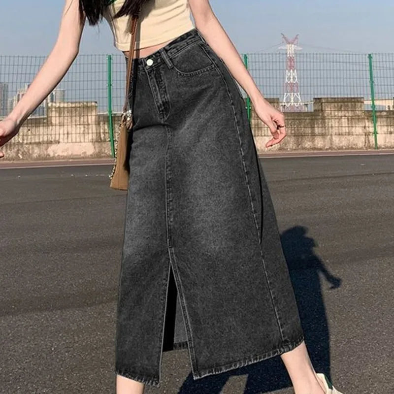 Korean Solid Denim High Waist Long Midi Skirt