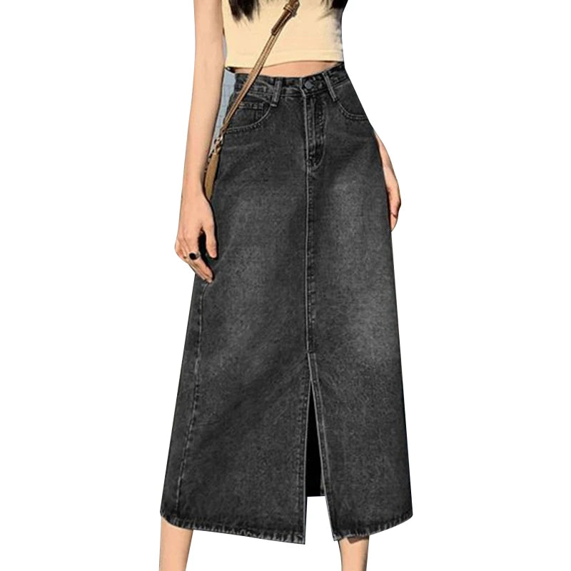 Korean Solid Denim High Waist Long Midi Skirt