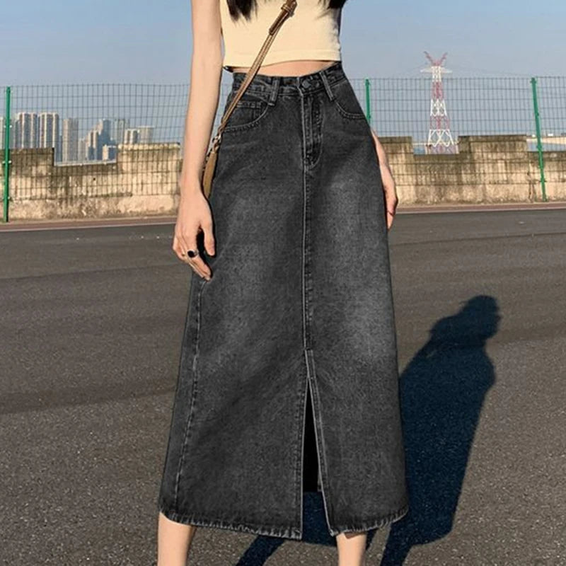 Korean Solid Denim High Waist Long Midi Skirt