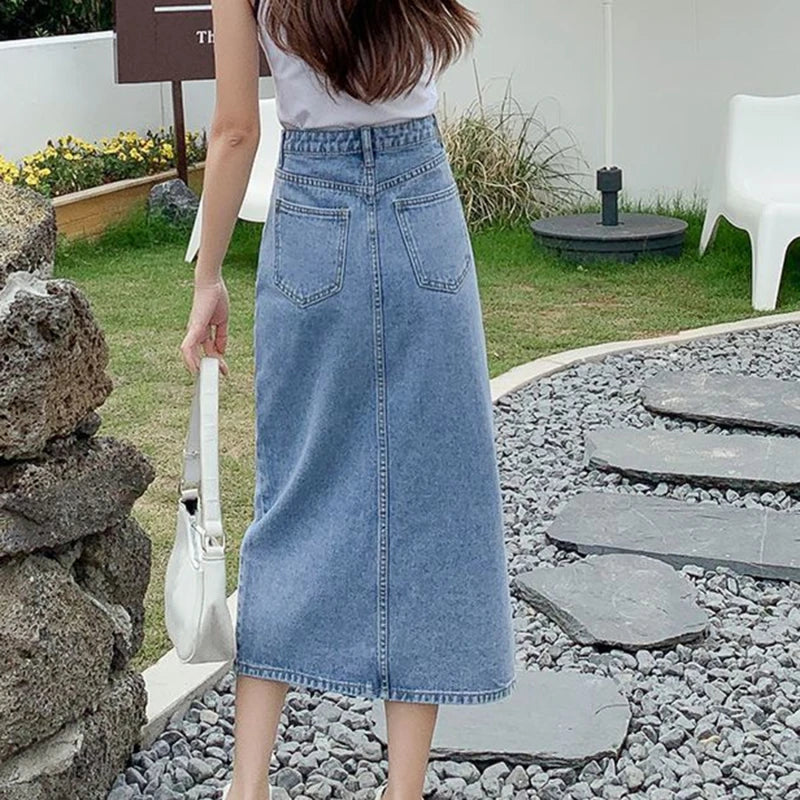 Korean Solid Denim High Waist Long Midi Skirt