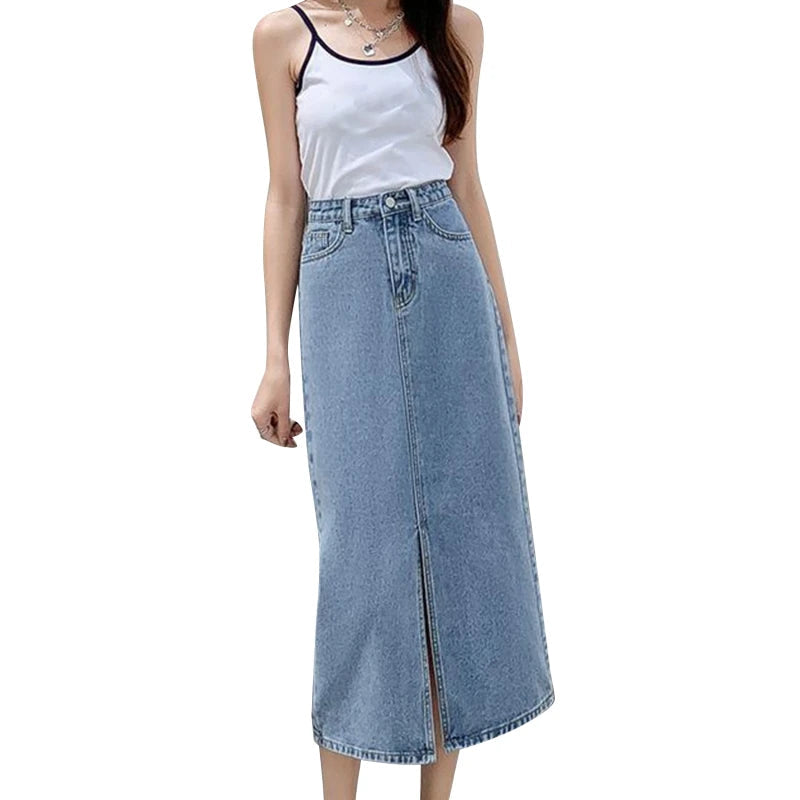 Korean Solid Denim High Waist Long Midi Skirt