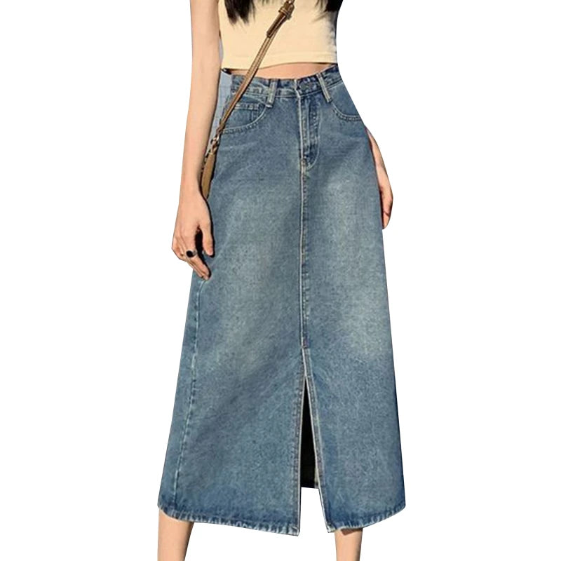 Korean Solid Denim High Waist Long Midi Skirt
