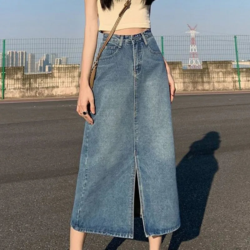 Korean Solid Denim High Waist Long Midi Skirt