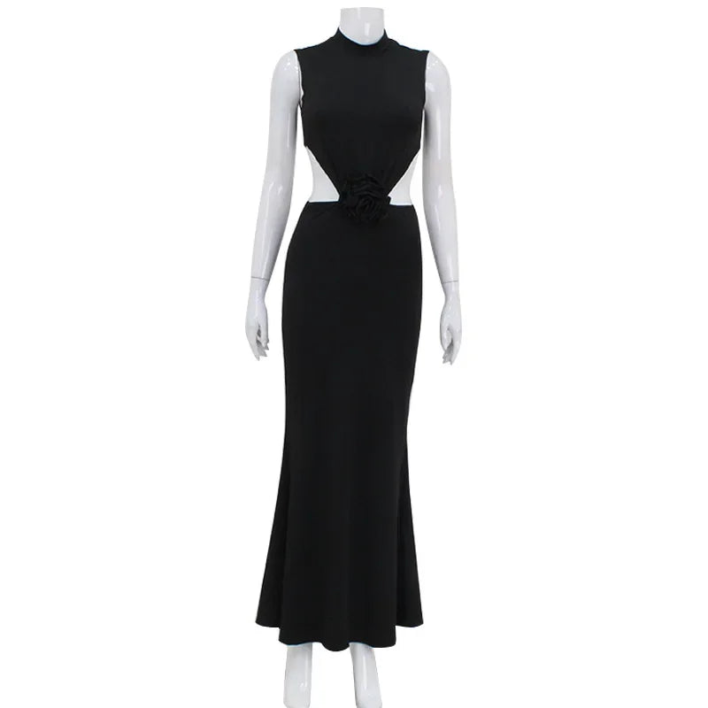Hollow Back Sleeveless Turtle Neck Party Dress