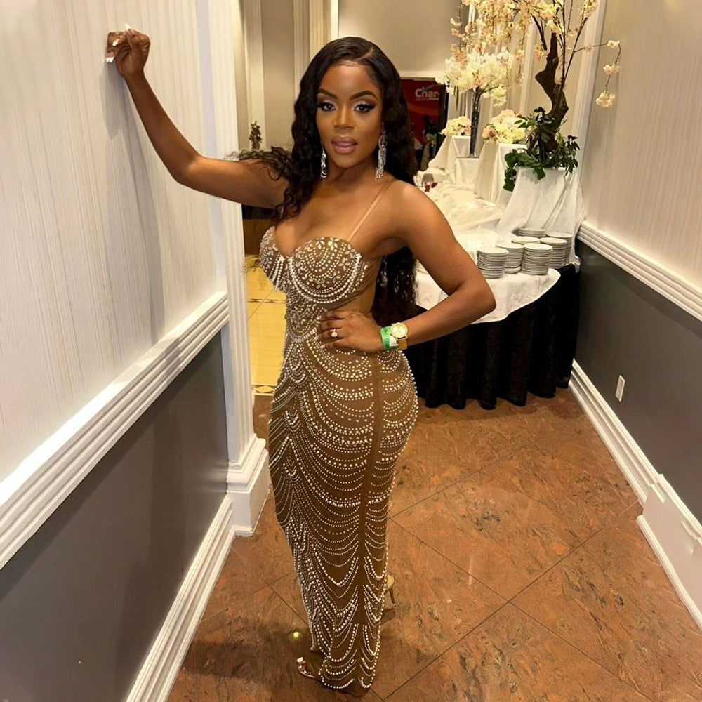 Rhinestone Strap Bubble Evening Maxi Dress