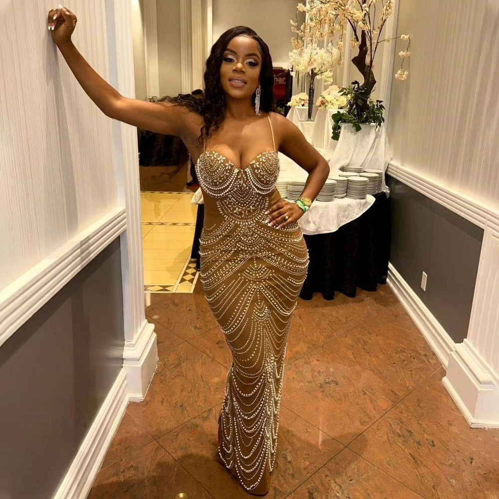 Rhinestone Strap Bubble Evening Maxi Dress