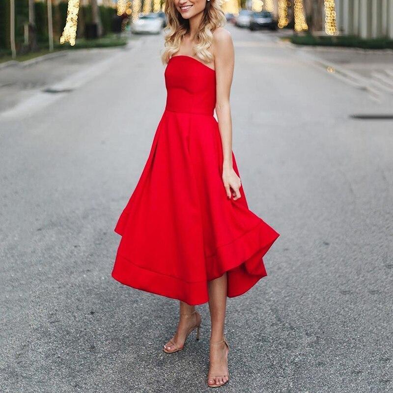 Strapless Red Pleated Off Shoulder Midi Dress