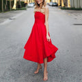 Strapless Red Pleated Off Shoulder Midi Dress