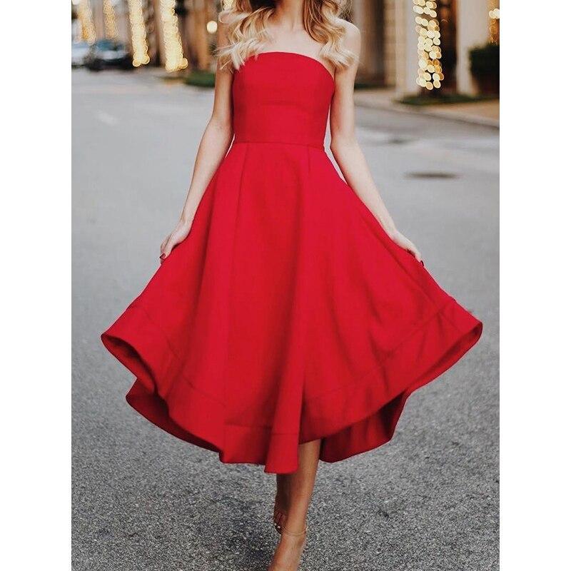 Strapless Red Pleated Off Shoulder Midi Dress