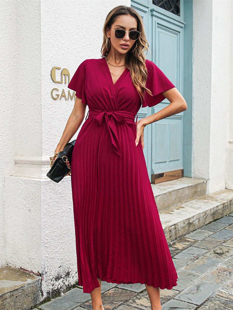 Butterfly Sleeve Pleated High Waist Vintage Maxi Dress