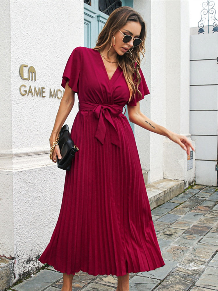 Butterfly Sleeve Pleated High Waist Vintage Maxi Dress