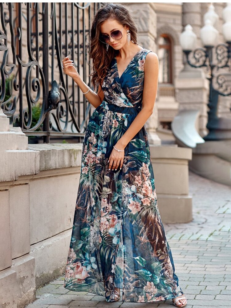 Chiffon Floral V-Neck Sleeveless Beach Maxi Dress