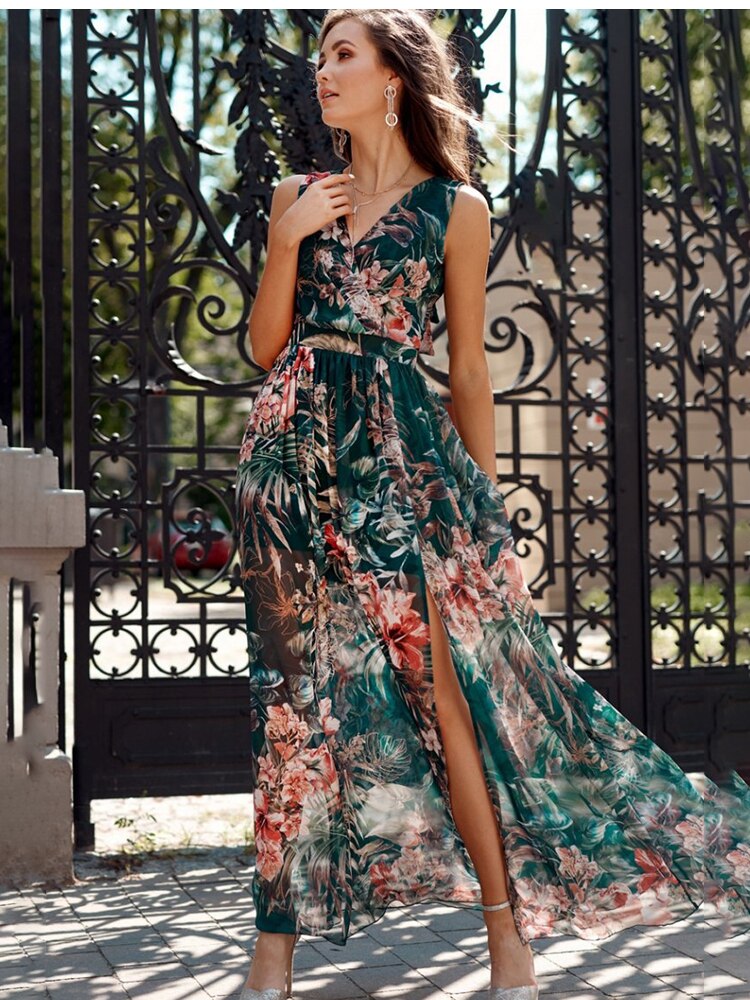 Chiffon Floral V-Neck Sleeveless Beach Maxi Dress