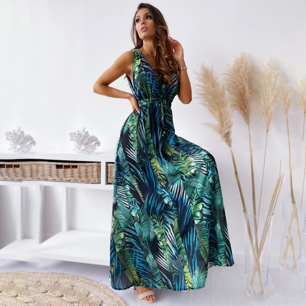Chiffon Floral V-Neck Sleeveless Beach Maxi Dress