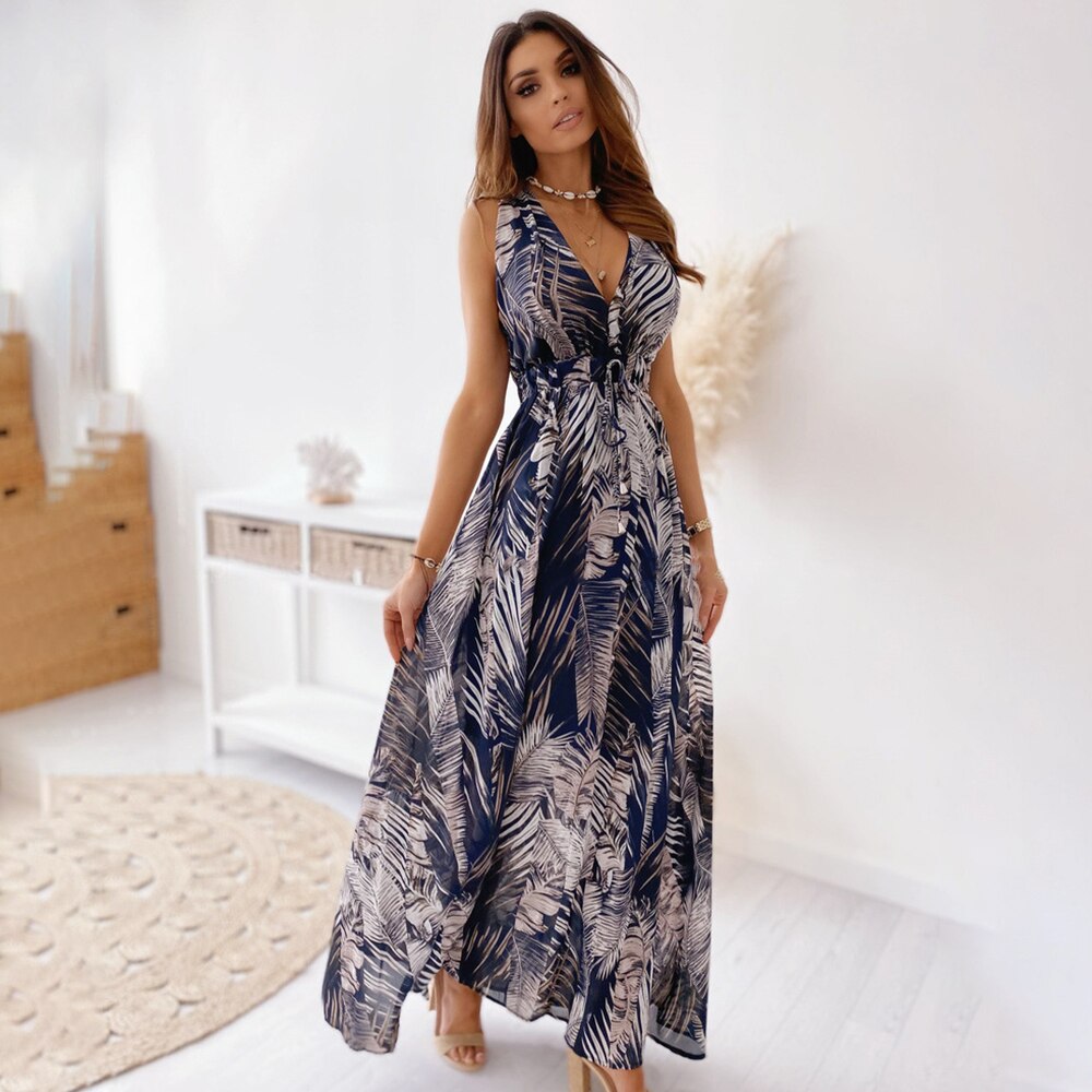 Chiffon Floral V-Neck Sleeveless Beach Maxi Dress
