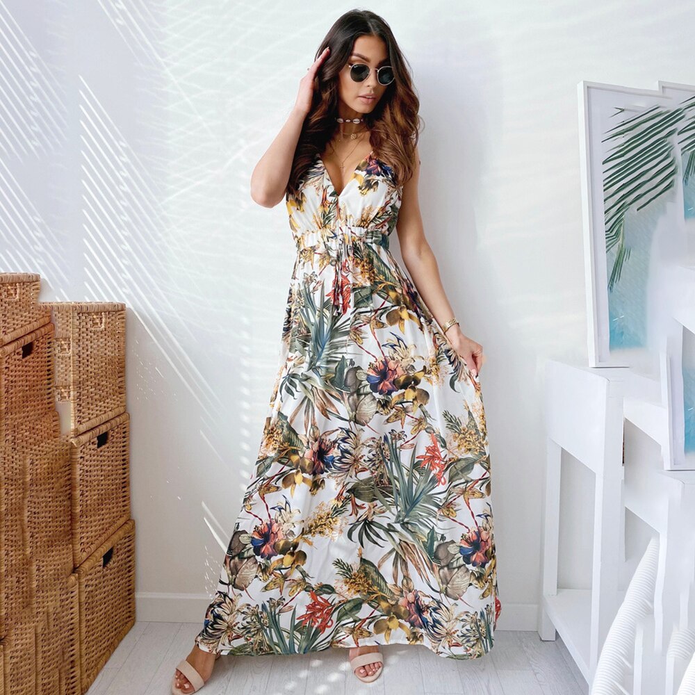 Chiffon Floral V-Neck Sleeveless Beach Maxi Dress