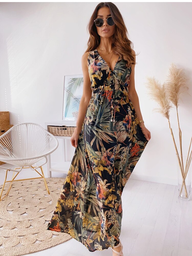 Chiffon Floral V-Neck Sleeveless Beach Maxi Dress