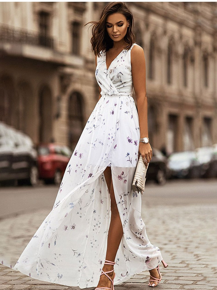 Chiffon Print Boho V Neck Sleeveless Maxi Dress