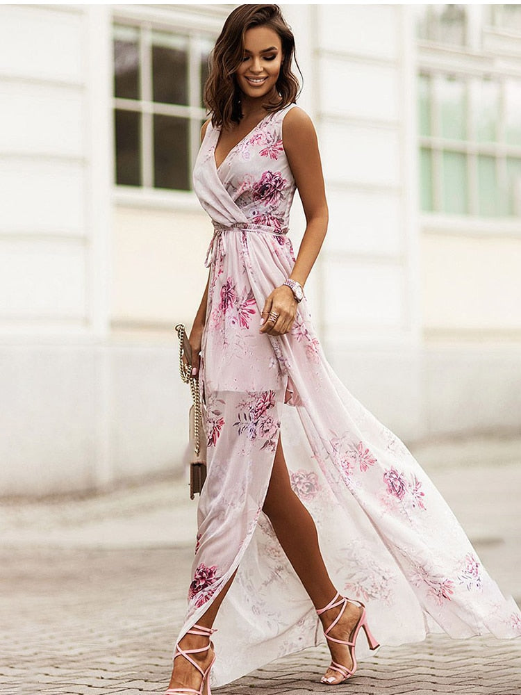 Chiffon Print Boho V Neck Sleeveless Maxi Dress