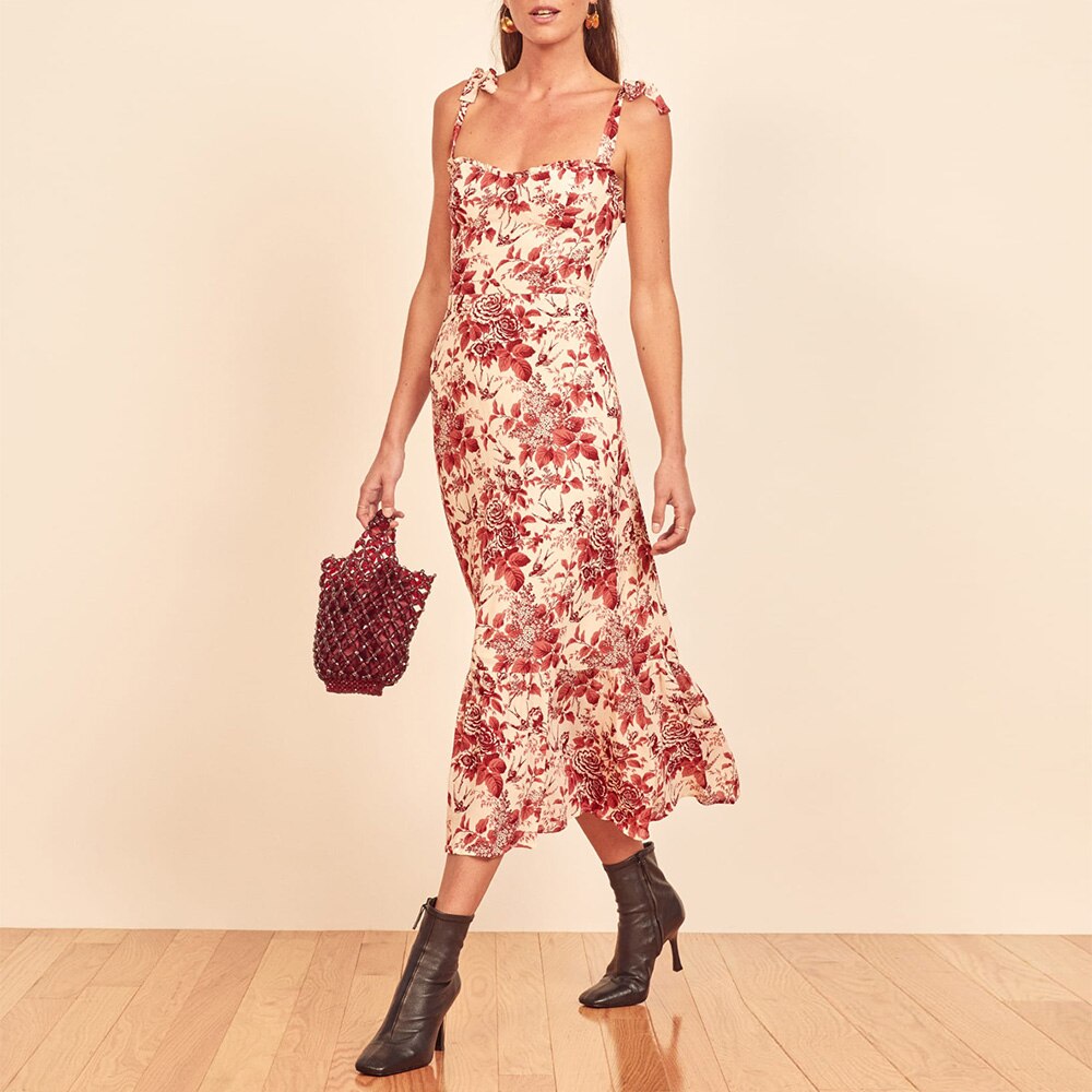 Ruffled Beach Sweetheart Tie Strap Midi Dress