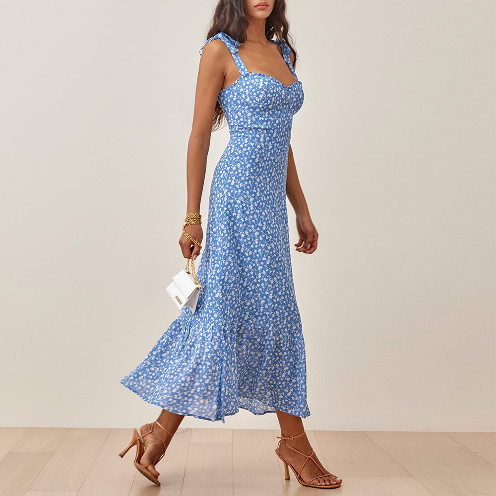 Vintage Chiffon Sweetheart Strap Midi Dress