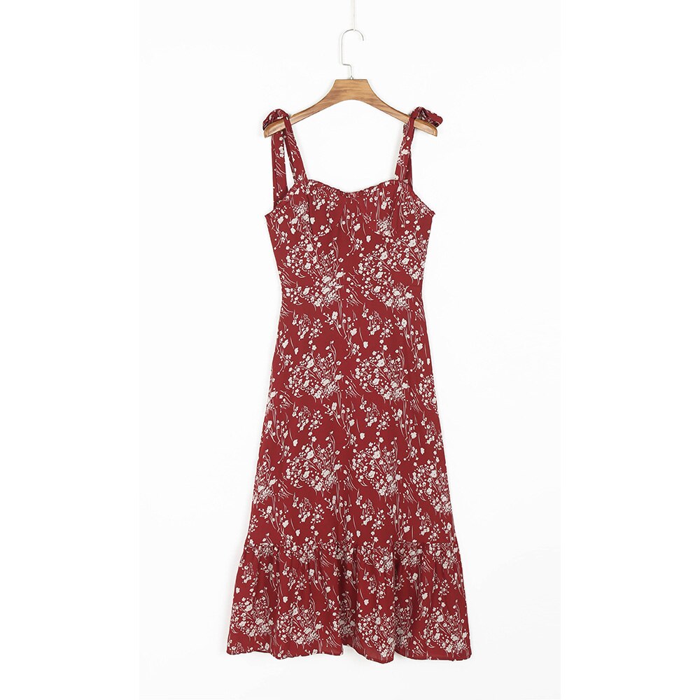 Ruffled Beach Sweetheart Tie Strap Midi Dress
