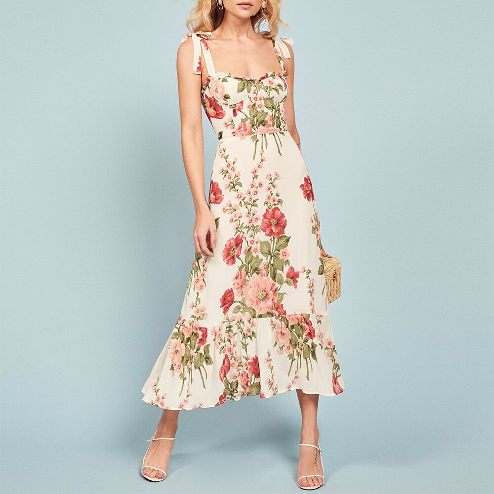 Ruffled Beach Sweetheart Tie Strap Midi Dress