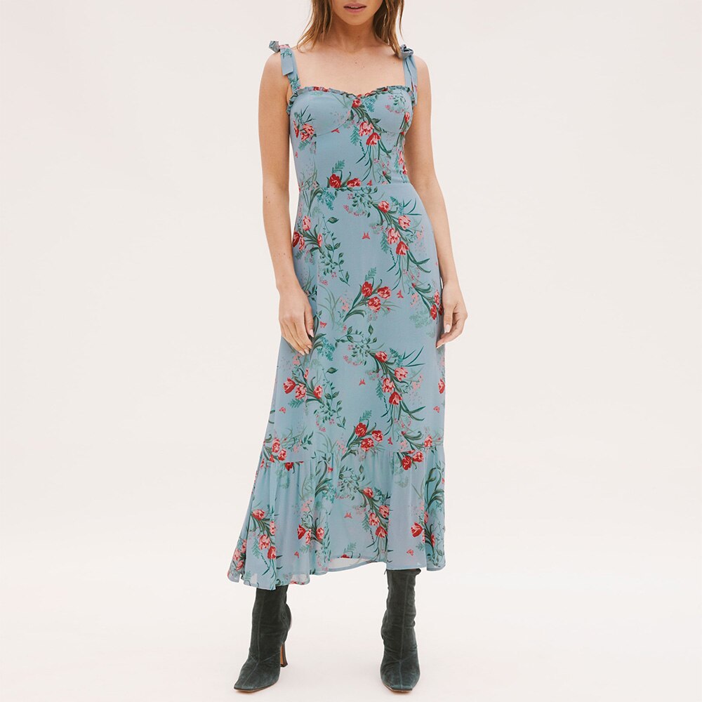 Ruffled Beach Sweetheart Tie Strap Midi Dress