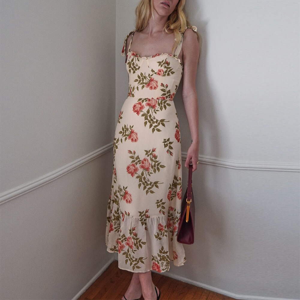 Vintage Chiffon Sweetheart Strap Midi Dress