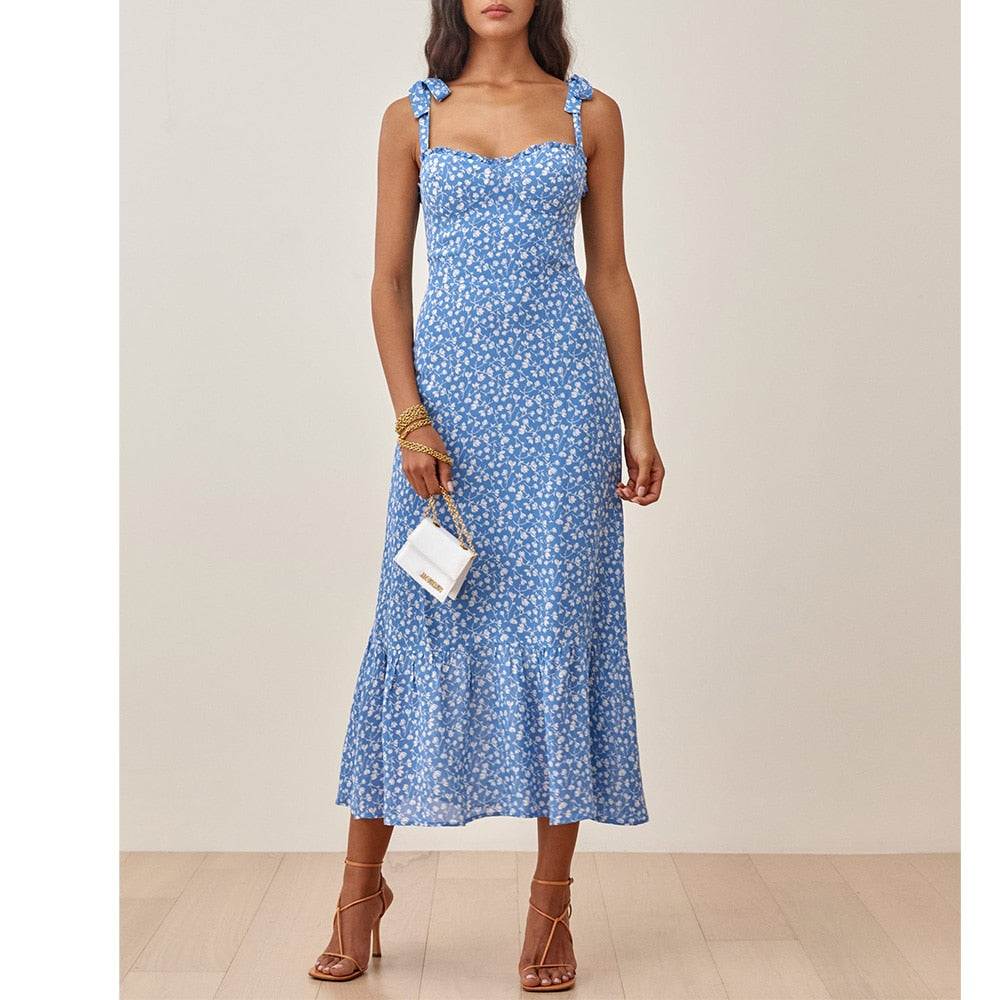 Ruffled Floral Chiffon Tie Neck Midi Dress