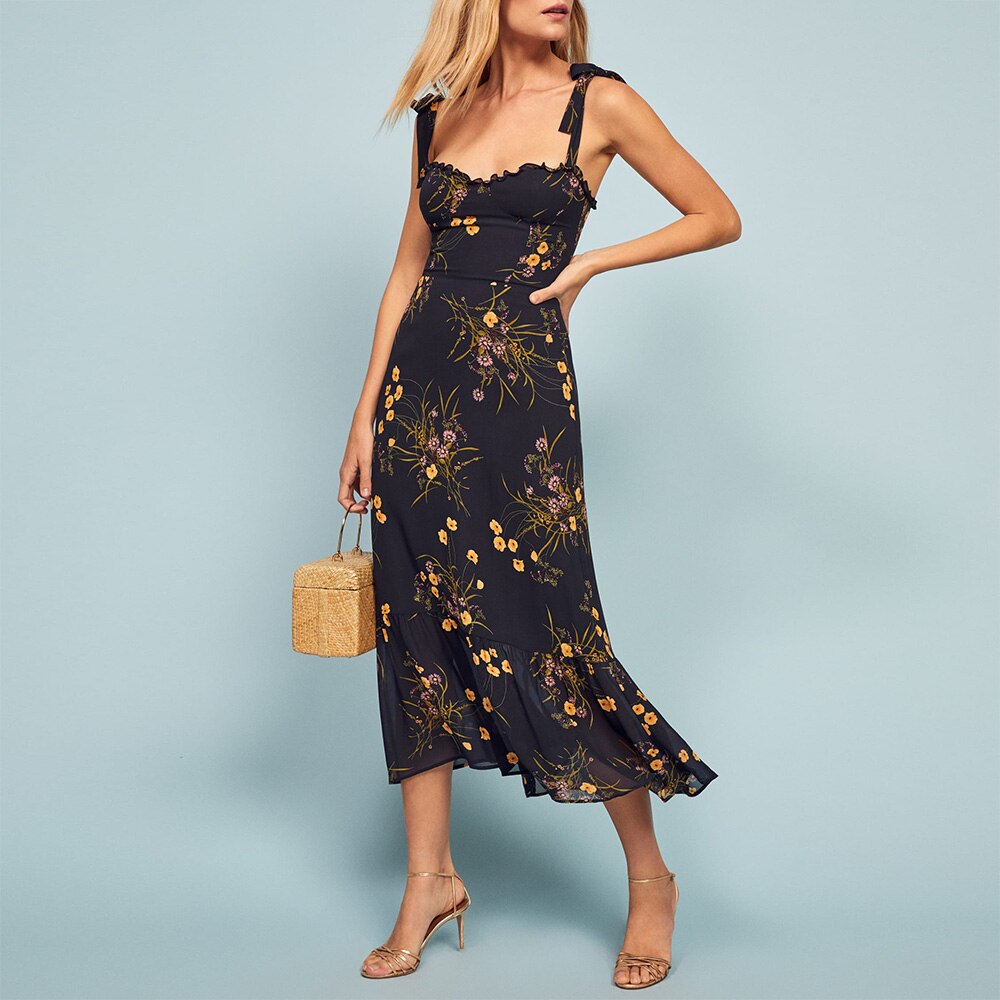 Ruffled Beach Sweetheart Tie Strap Midi Dress