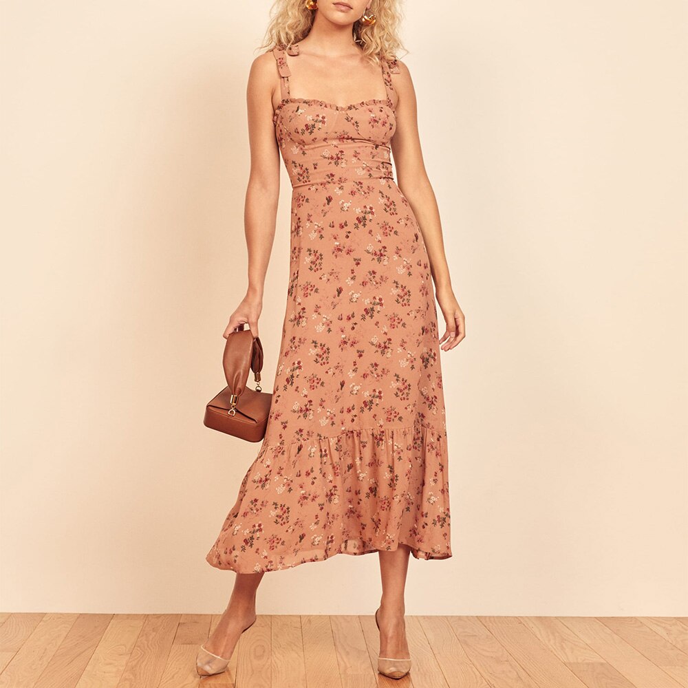 Ruffled Beach Sweetheart Tie Strap Midi Dress