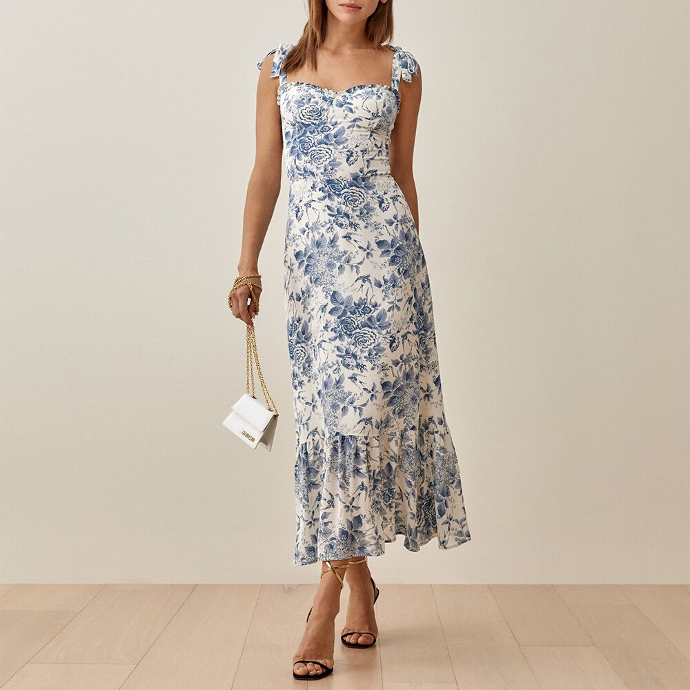 Ruffled Floral Chiffon Tie Neck Midi Dress