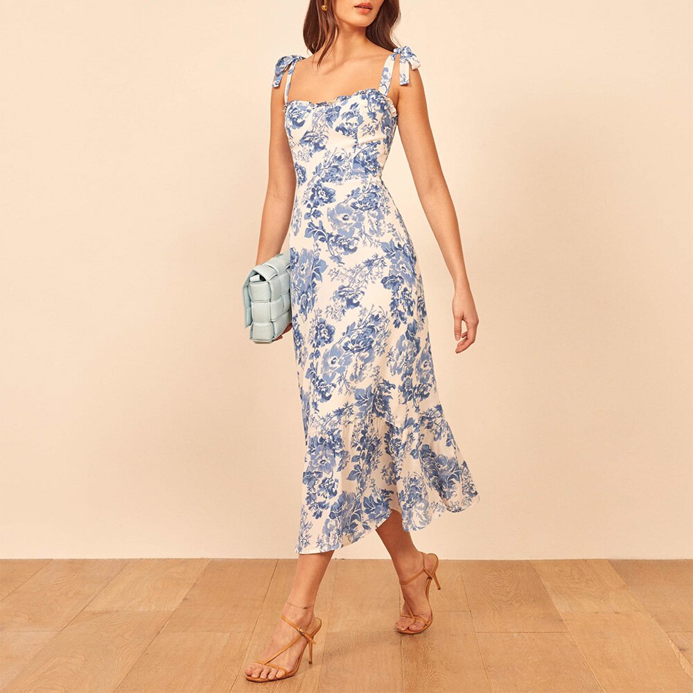 Ruffled Floral Chiffon Tie Neck Midi Dress