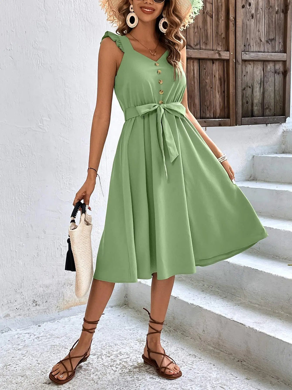 Sleeveless V Neck Button Sun Holiday Midi Dress