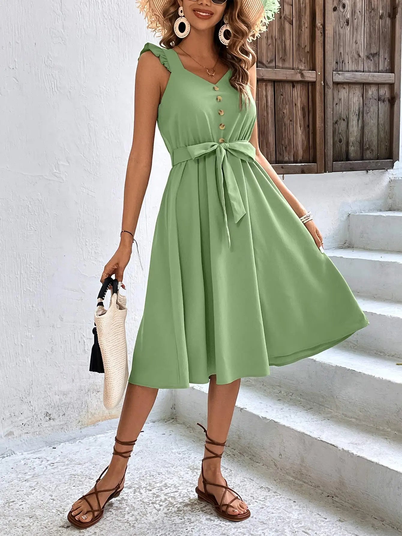 Sleeveless V Neck Button Sun Holiday Midi Dress