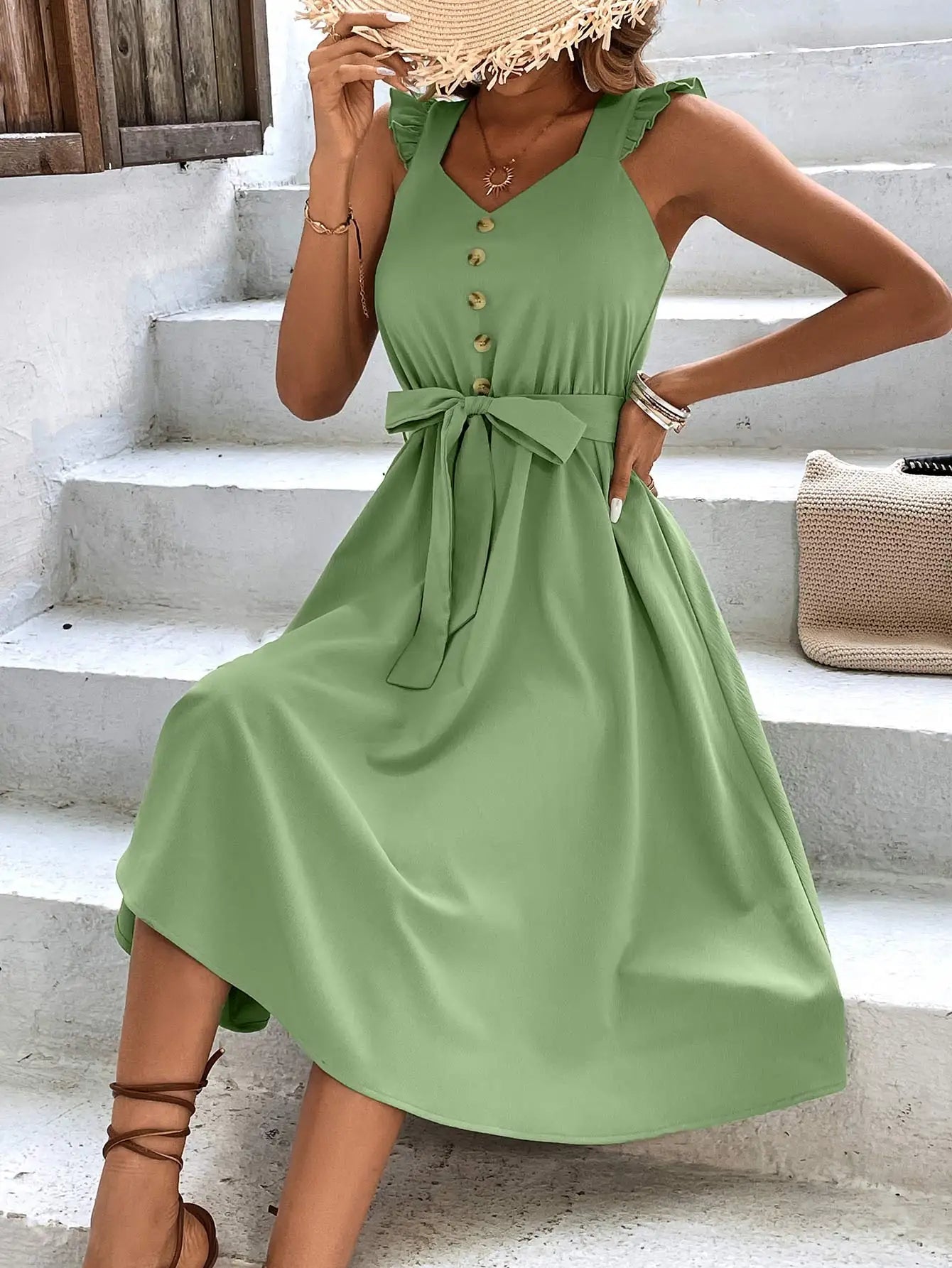 Sleeveless V Neck Button Sun Holiday Midi Dress
