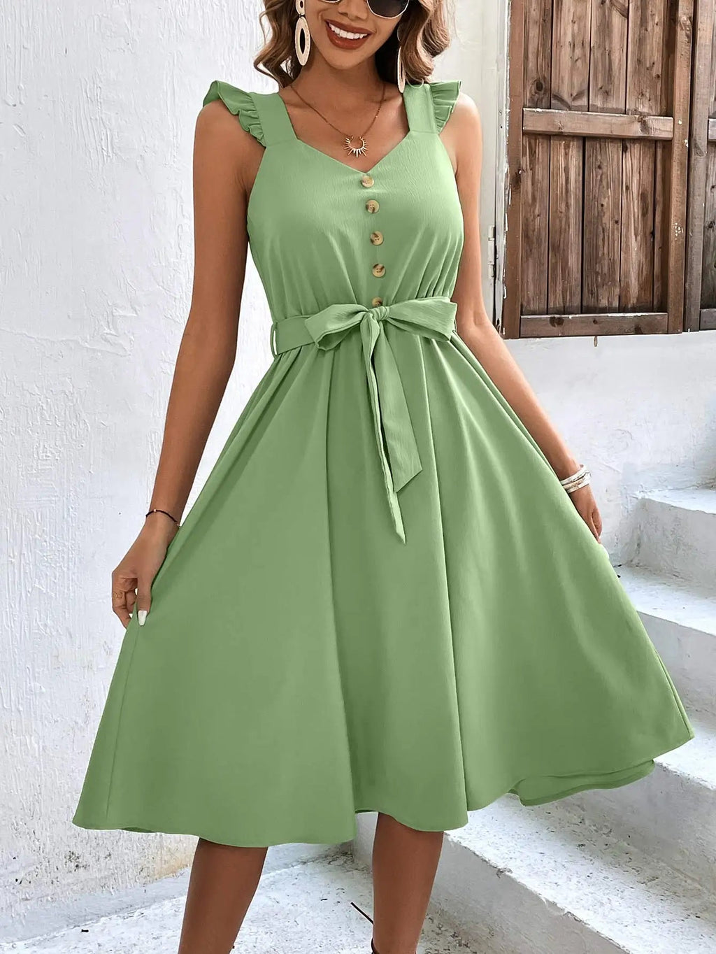Sleeveless V Neck Button Sun Holiday Midi Dress