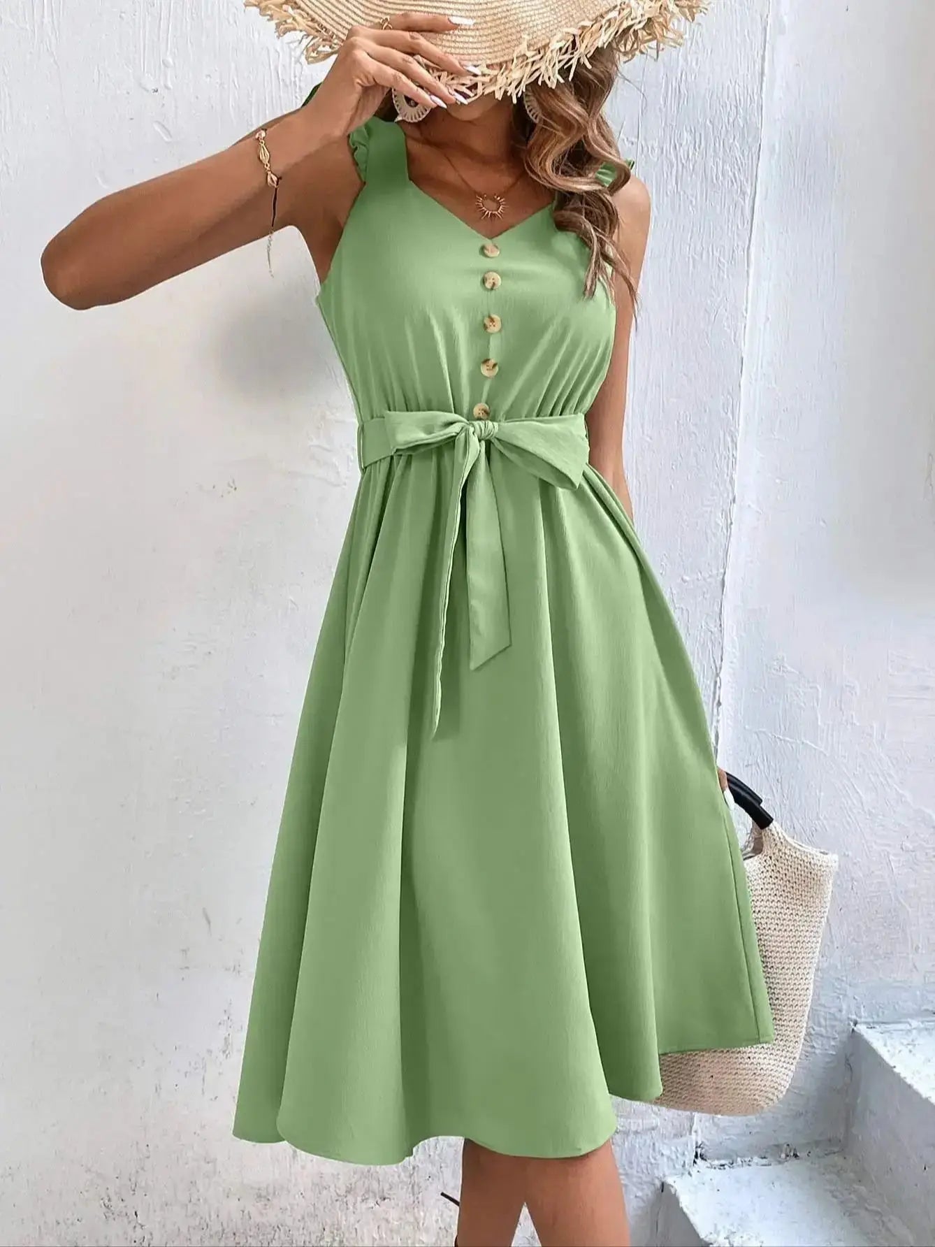Sleeveless V Neck Button Sun Holiday Midi Dress