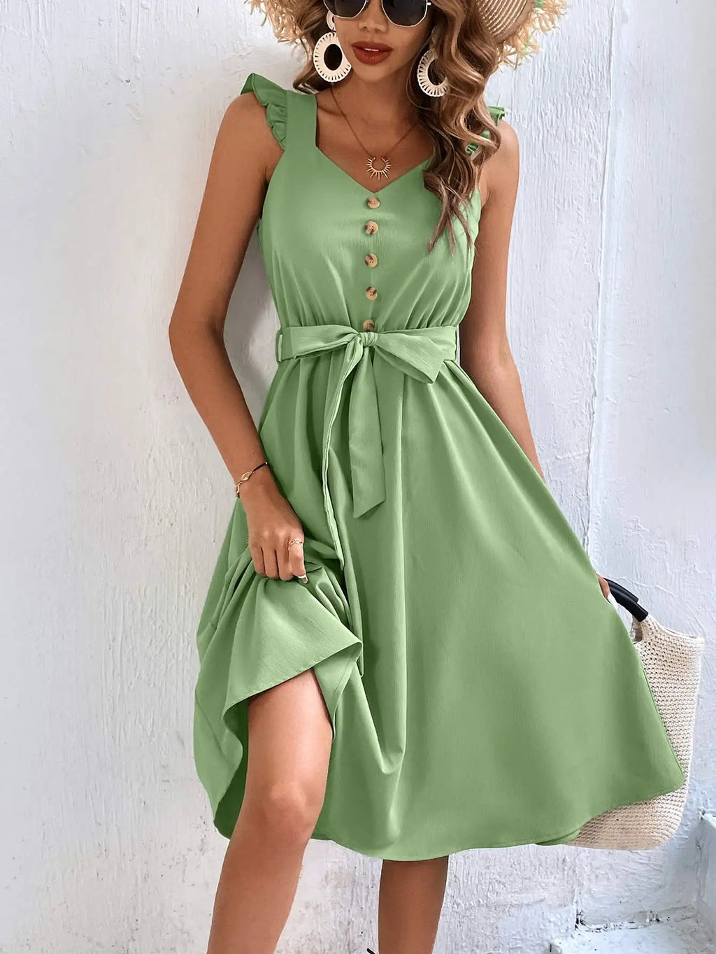 Sleeveless V Neck Button Sun Holiday Midi Dress