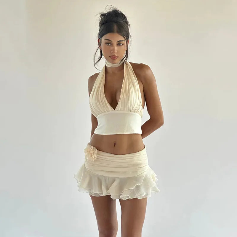 Floral Halter Hollow Ruffle Slim Mini Dress