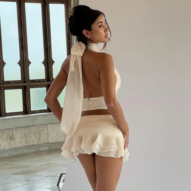 Floral Halter Hollow Ruffle Slim Mini Dress