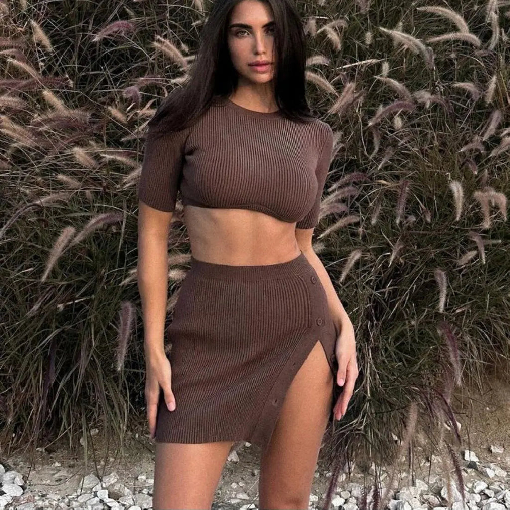 Knitted Short Sleeve Casual Mini Skirt